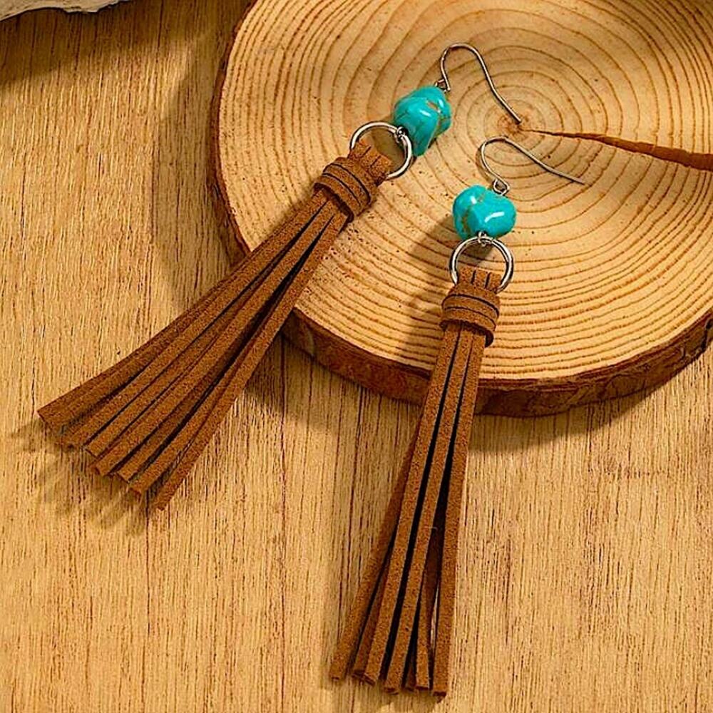 Handmade Leather Turquoise Fringe Dangle Earrings